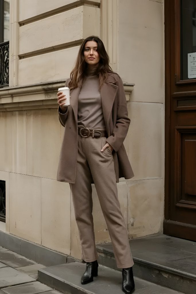 Taupe lightweight coat over a knit with matching taupe trousers and ankle boots