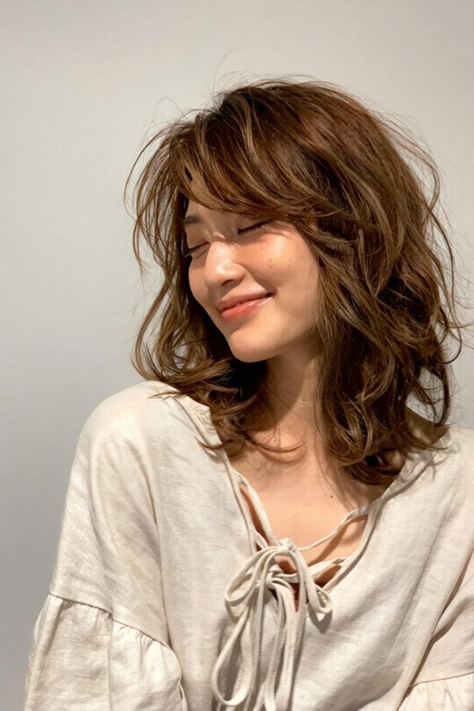 caramel brown tousled long layers with swept bangs and a cream blouse