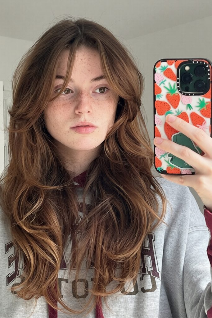 long wavy brown hair with caramel ends and curtain bangs in a grey hoodie