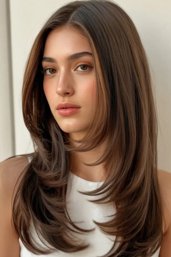 Long straight chocolate brown hair with sleek face-framing layers and a white top
