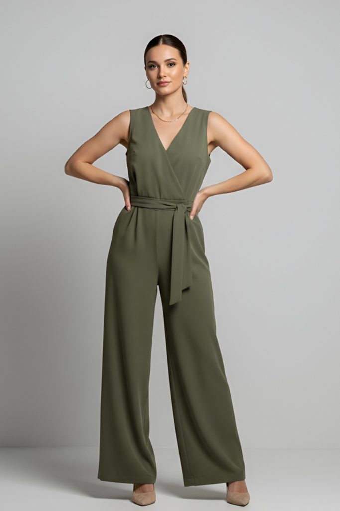 Olive green tailored jumpsuit with a defined waist