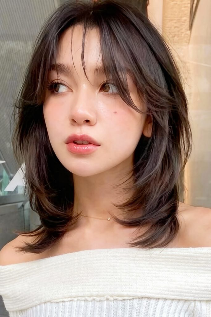 dark brown layered hair with full wispy bangs and a white strapless top