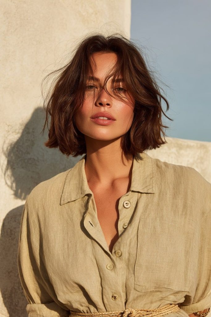 Air-dried chestnut bob with soft waves and a relaxed shape