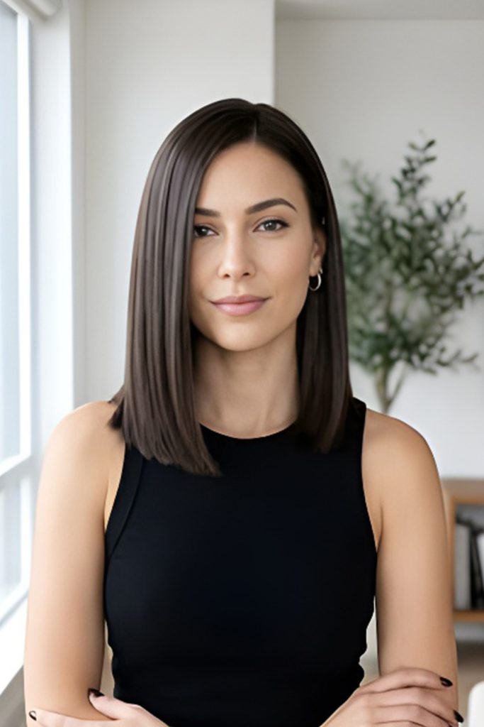Collarbone-length brown bob with a smooth, sleek finish