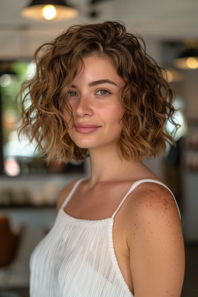 Short curly bob in warm auburn with defined spiral curls