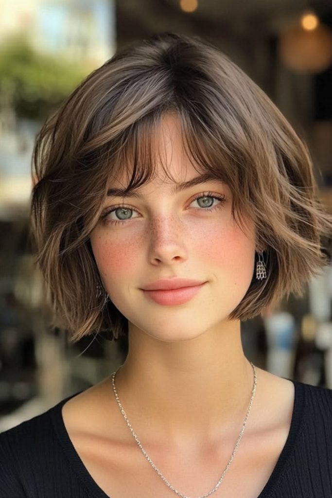 Wavy brunette bob with soft bangs and natural texture