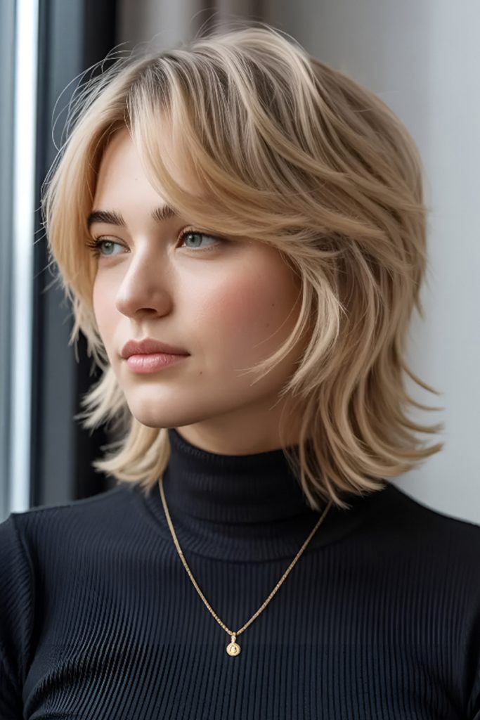 Layered blonde bob with flicked ends and a high neckline top