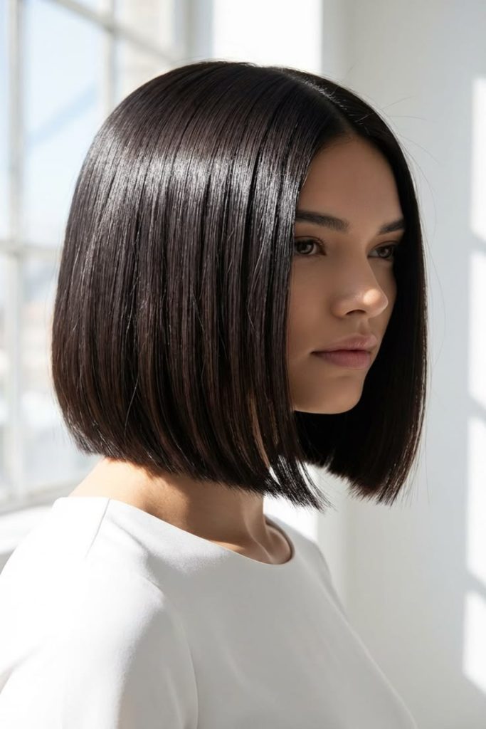 Glossy black blunt bob cut straight at the jaw