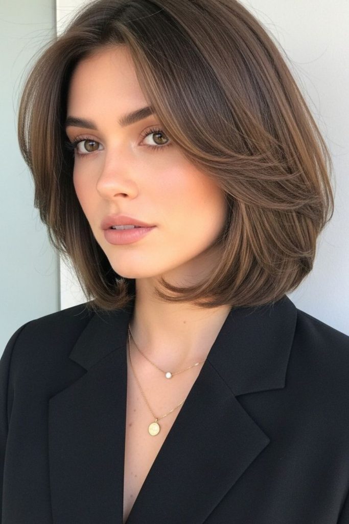 Soft blunt brown bob styled with a blazer