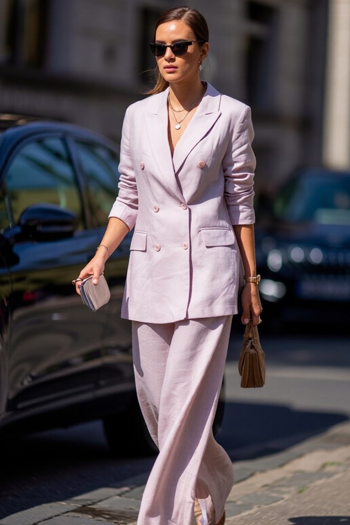 Woman in sunglasses wearing a lilac double-breasted blazer and matching wide-leg trousers, carrying a small brown bag on a city street