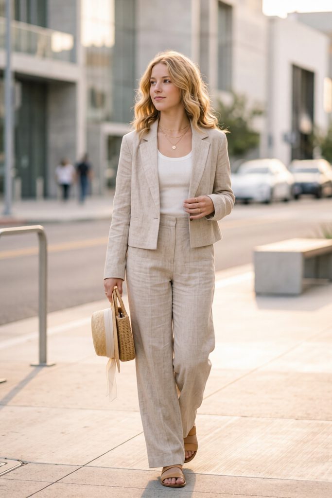 Woman in an oatmeal cropped blazer and wide-leg trousers with a white top, holding a straw hat, wearing flat sandals on a city sidewalk