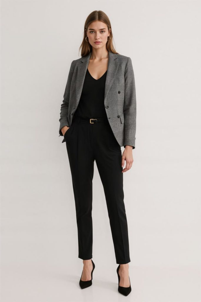 Double Breasted Blazer with Minimal T Shirt and Tapered Pants