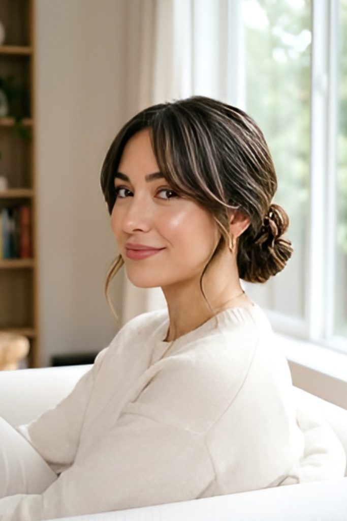 Low Bun with Elegant Curtain Bangs