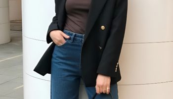 Minimal Turtleneck with Structured Coat and Dark Denim