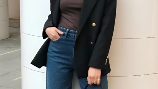 Minimal Turtleneck with Structured Coat and Dark Denim