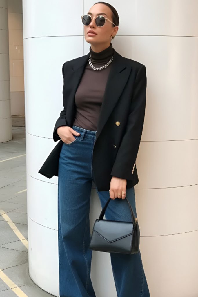 Minimal Turtleneck with Structured Coat and Dark Denim