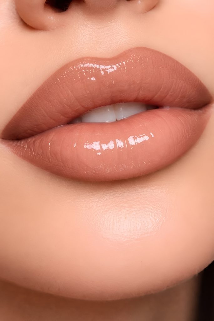 Peachy Nude Lip Color with Golden Gloss