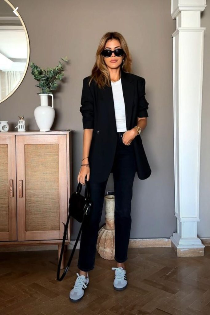 Unstructured Blazer with Black Crewneck and Slim Chinos