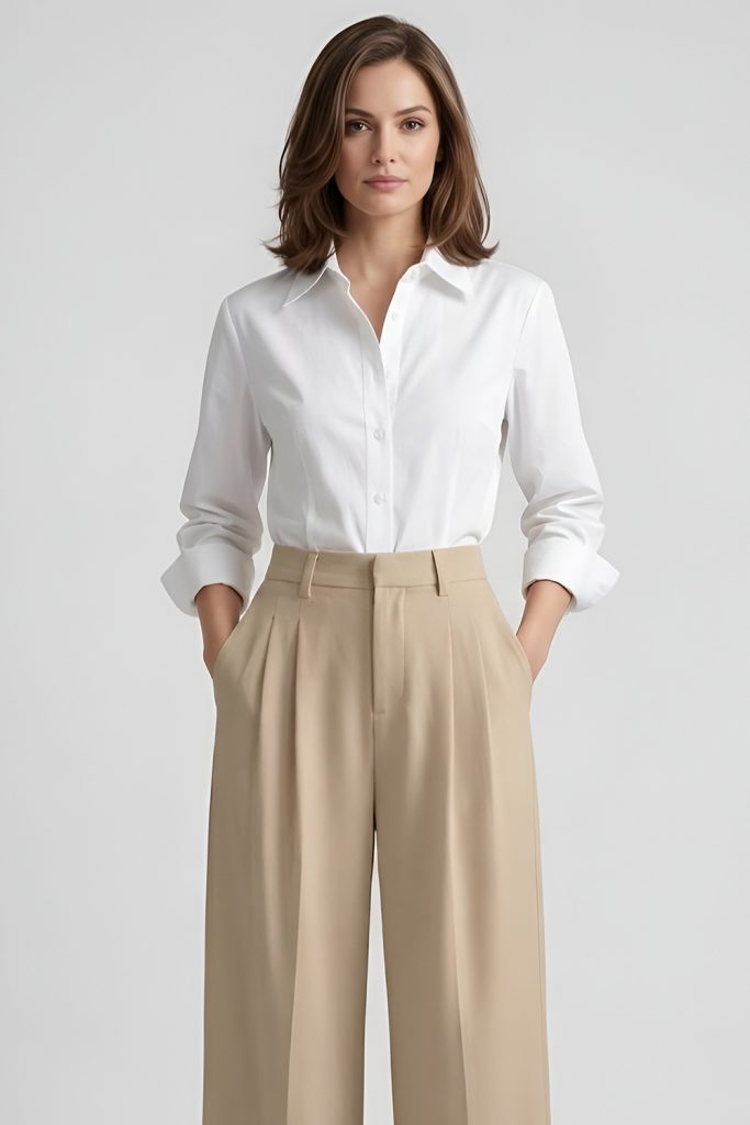 Wide Leg Trousers Combined with Crisp Button Down Shirts