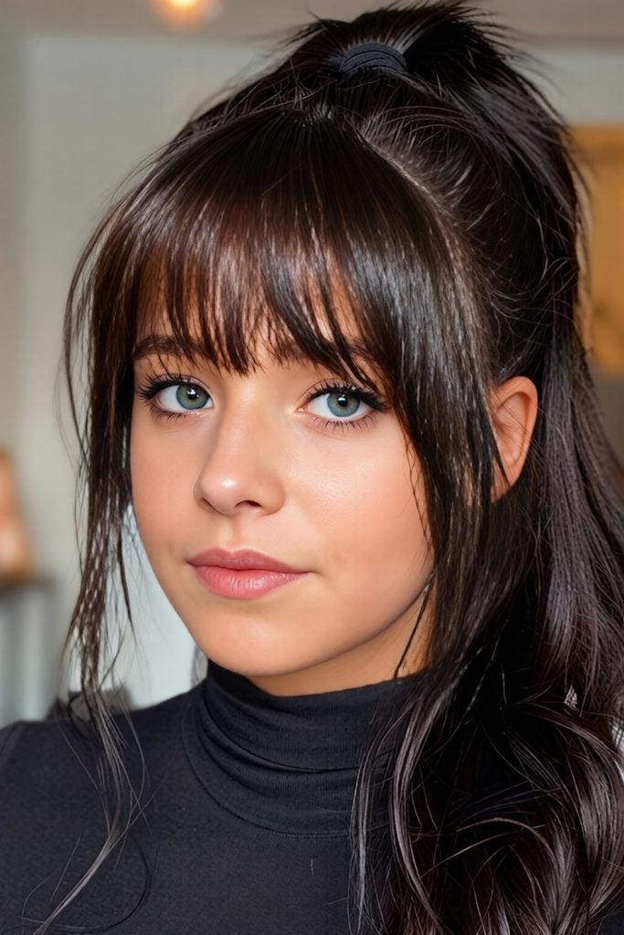 Wispy Bangs With a High Ponytail