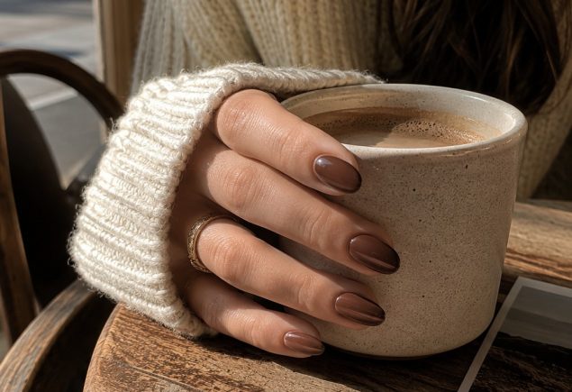 Fall nail colors 2026, mocha brown manicure with coffee cup