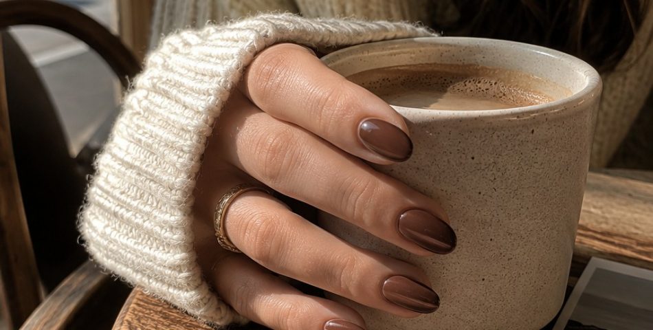 Fall nail colors 2026, mocha brown manicure with coffee cup