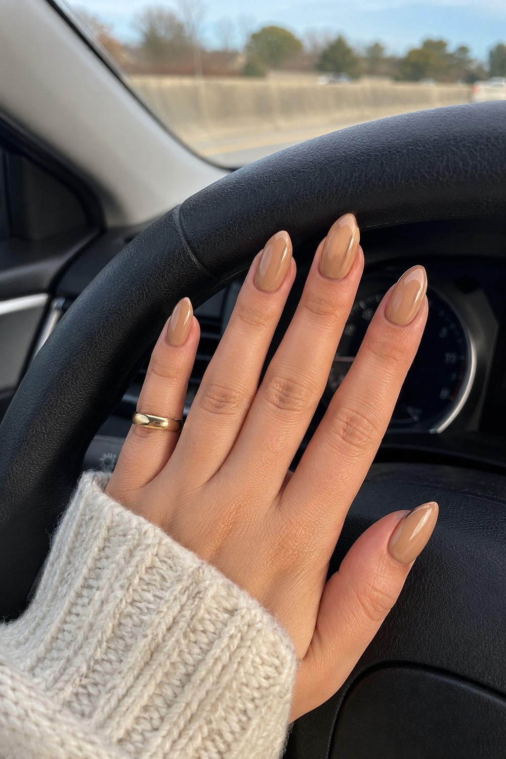 Warm caramel nude nails fall 2026
