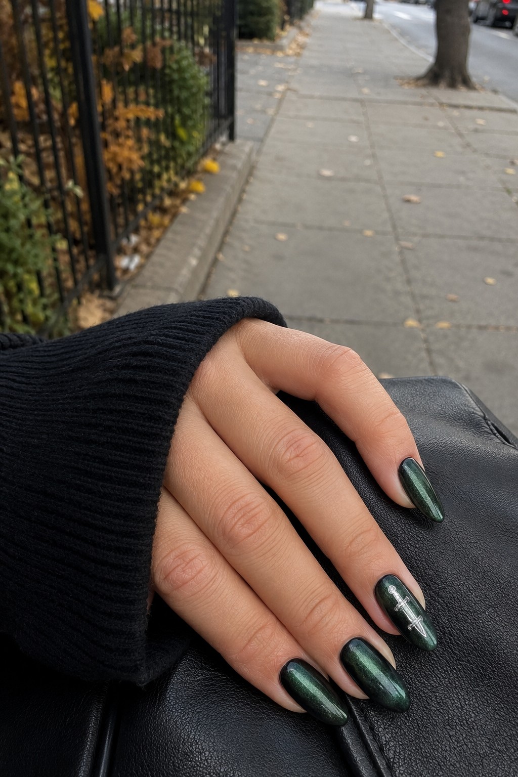 Goth glam black chrome Halloween nails