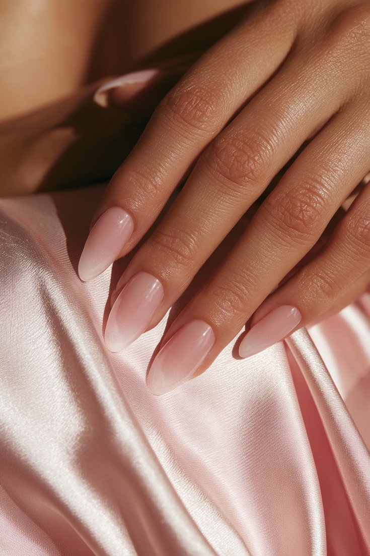 Left hand with medium almond acrylic nails in a soft pink to white baby boomer ombre fade resting on a pale pink silk cloth