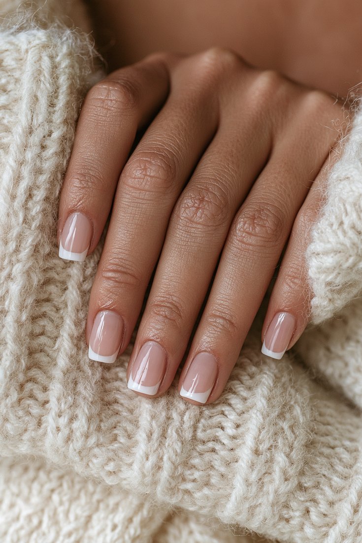 Left hand with short square acrylic nails with a bold crisp white French tip over a sheer pink base resting on a cream cashmere sweater