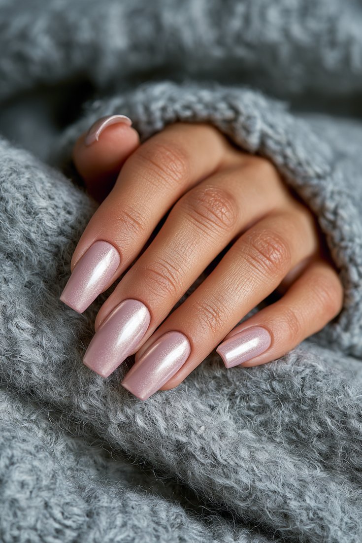 Left hand with medium coffin acrylic nails in pearl pale mauve lilac with a chrome finish resting on a soft grey wool blanket