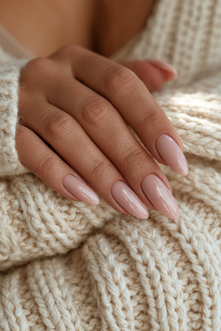 Long almond nails in sheer milky pink gloss on a hand resting on a cream knit scarf