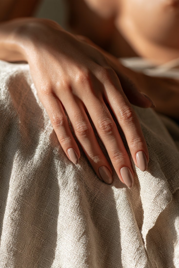 Medium almond nails in creamy mocha brown on a hand resting on a beige linen cloth