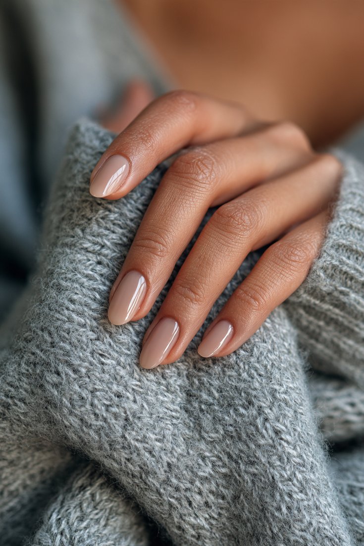 Short almond nails in sheer beige gloss on a hand resting on a soft grey sweater