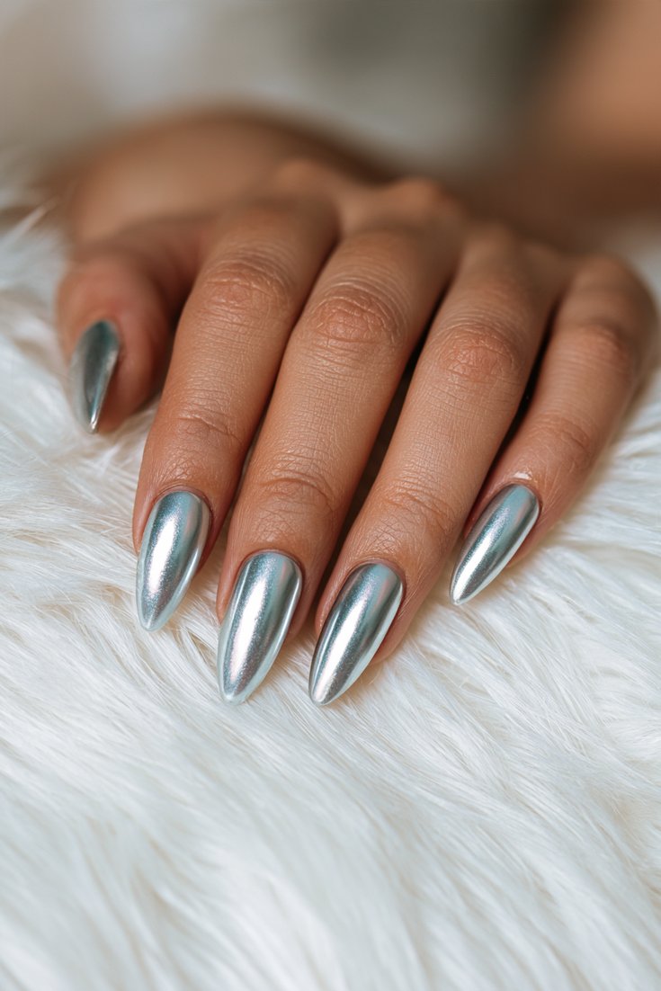 Long almond nails in frosted blue-grey chrome on a hand resting on a white faux fur throw