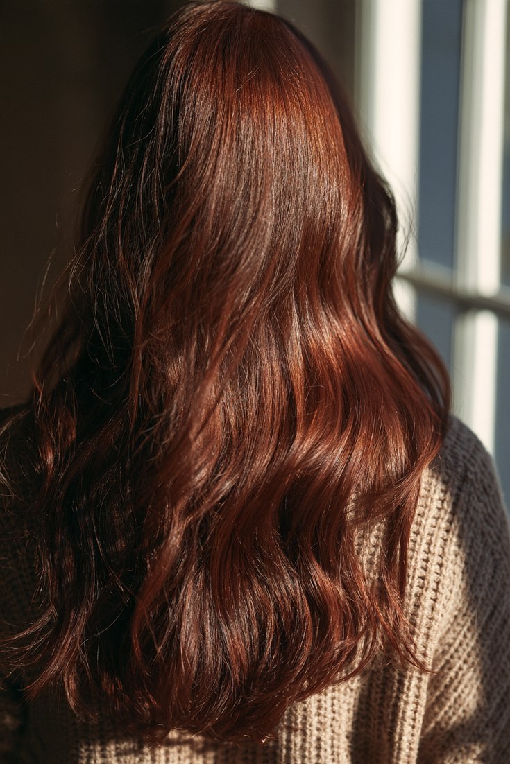 Back view of long glossy deep auburn hair falling past the shoulders