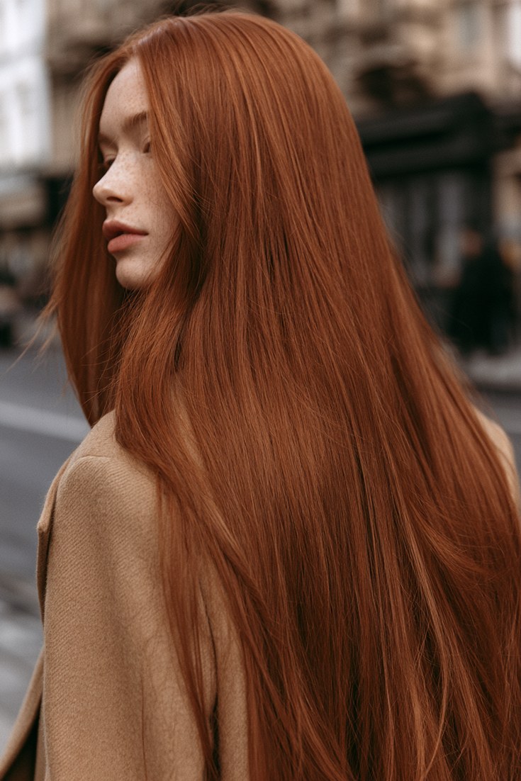 Three-quarter back view of long hair in bright copper auburn with warm orange-red tones