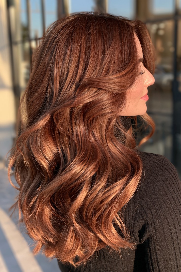 Three-quarter view of brunette hair with hand-painted auburn balayage melting through the lengths
