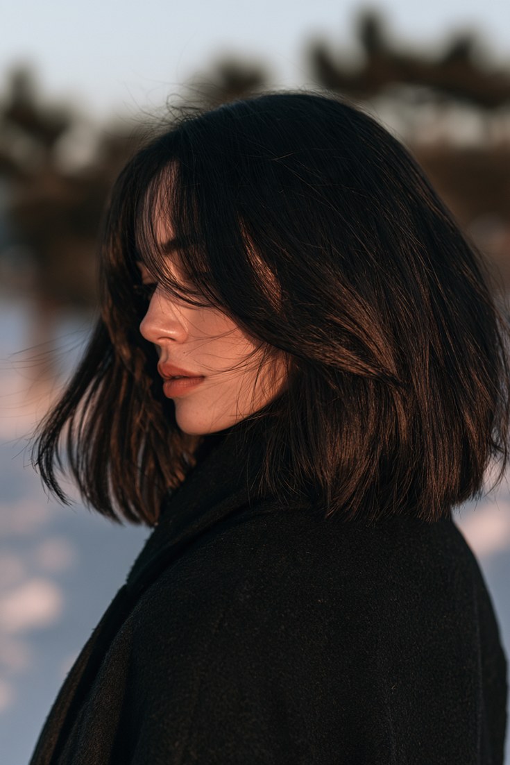 Side view of black hair with a subtle dark auburn sheen catching the light