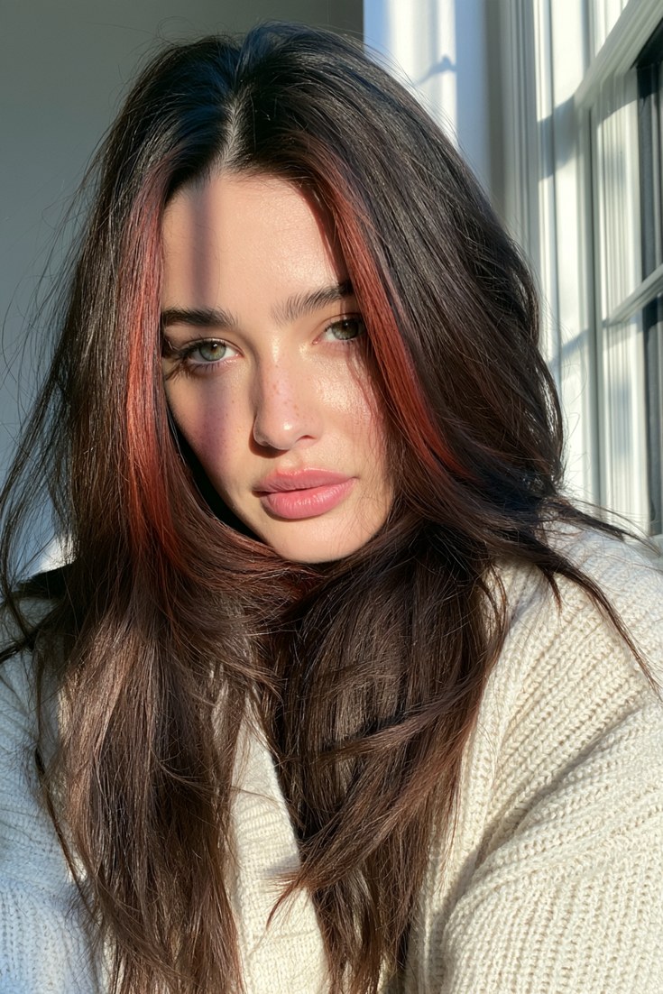 Three-quarter view of brunette hair with bright auburn face-framing money piece strands