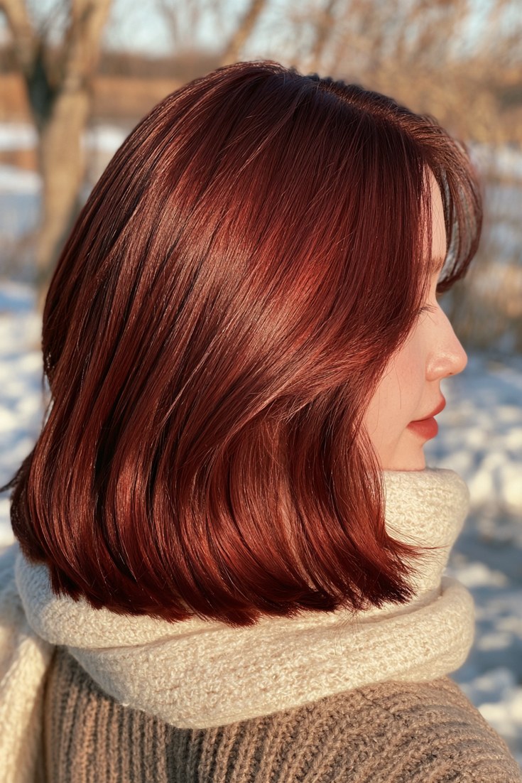 Back view of a shoulder-skimming auburn lob with soft bends