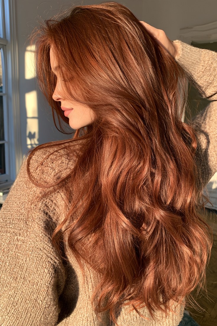 Side view of long auburn hair styled in loose glossy waves
