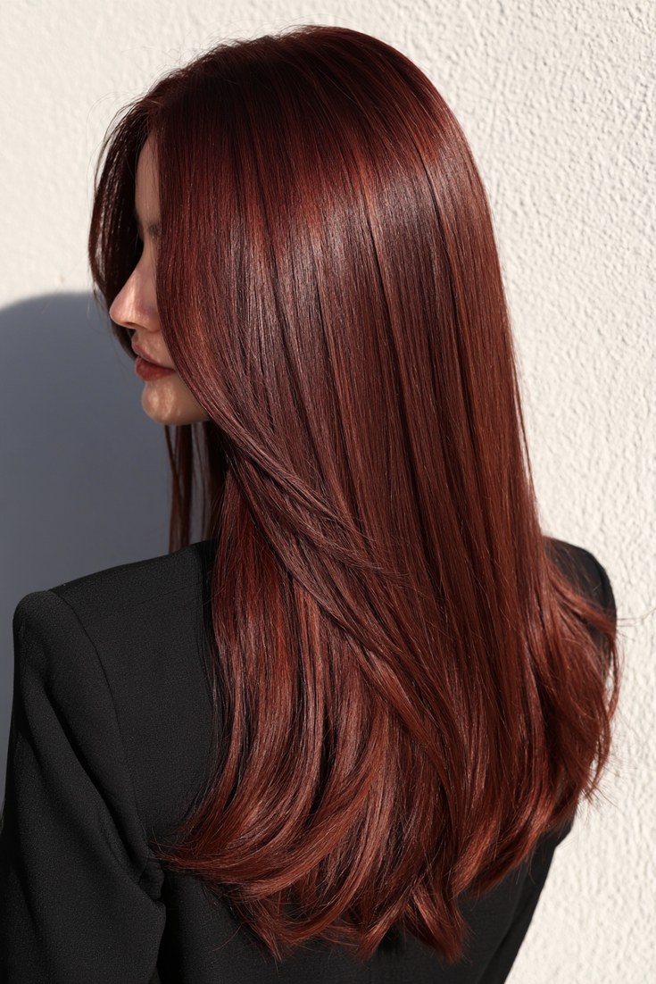 Three-quarter back view of rich red-brown hair that looks chocolate with a red tint
