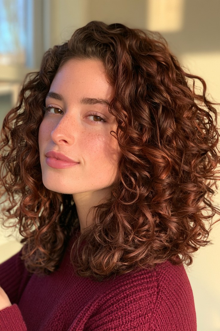 Woman with natural curly hair and copper auburn tones through the coils