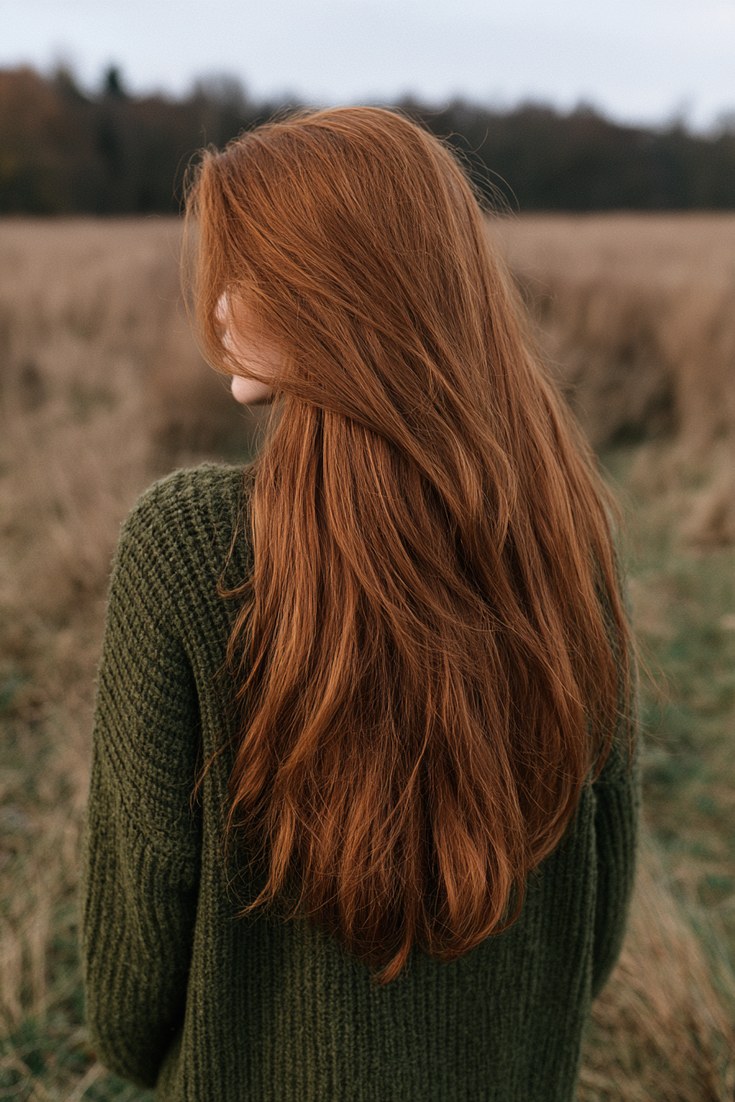 Back view of long soft rusty auburn hair with muted brown-orange warmth