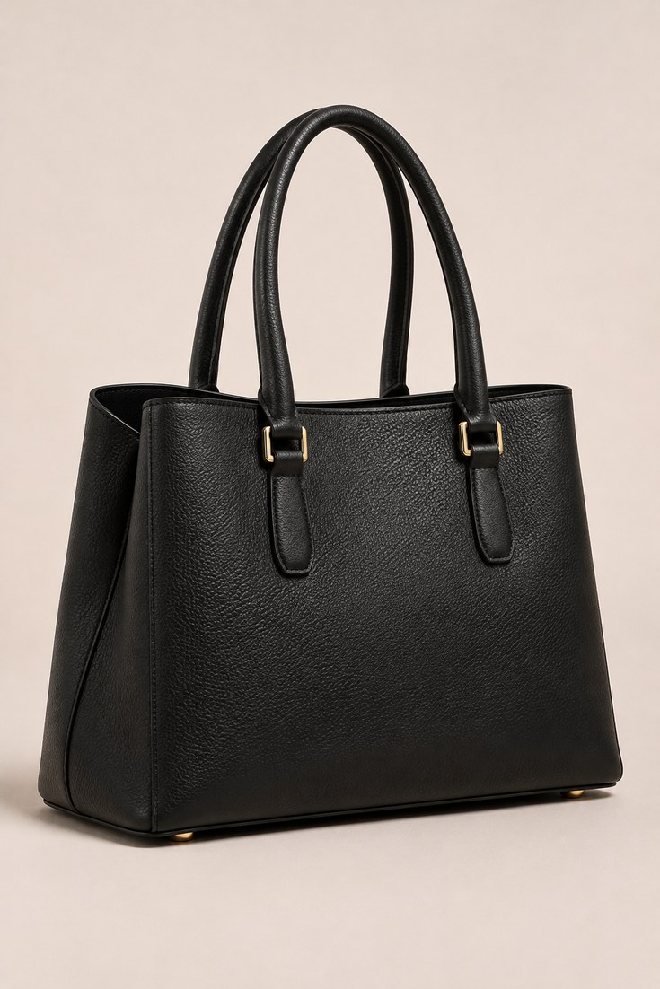 Structured black leather tote bag with rigid base and two top handles on a soft ivory backdrop