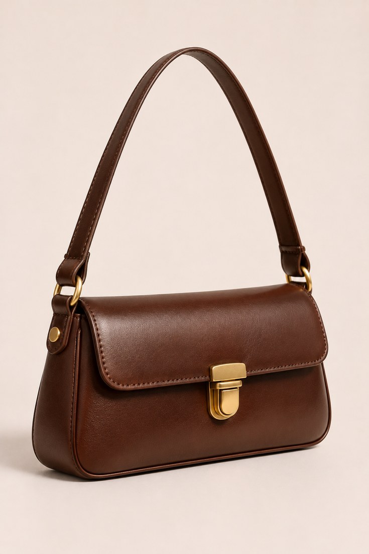 Small rectangular baguette shoulder bag in chocolate brown leather with short strap on a soft ivory backdrop