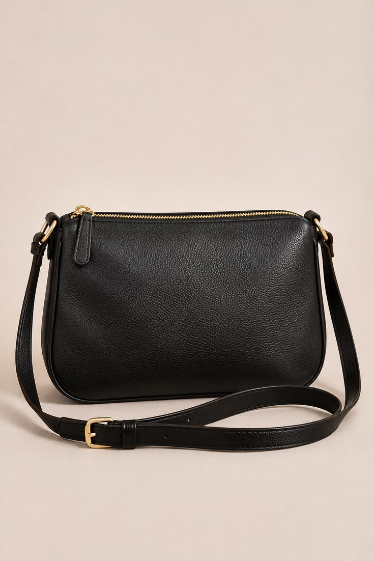 Medium black leather crossbody bag with long adjustable strap on a soft ivory backdrop