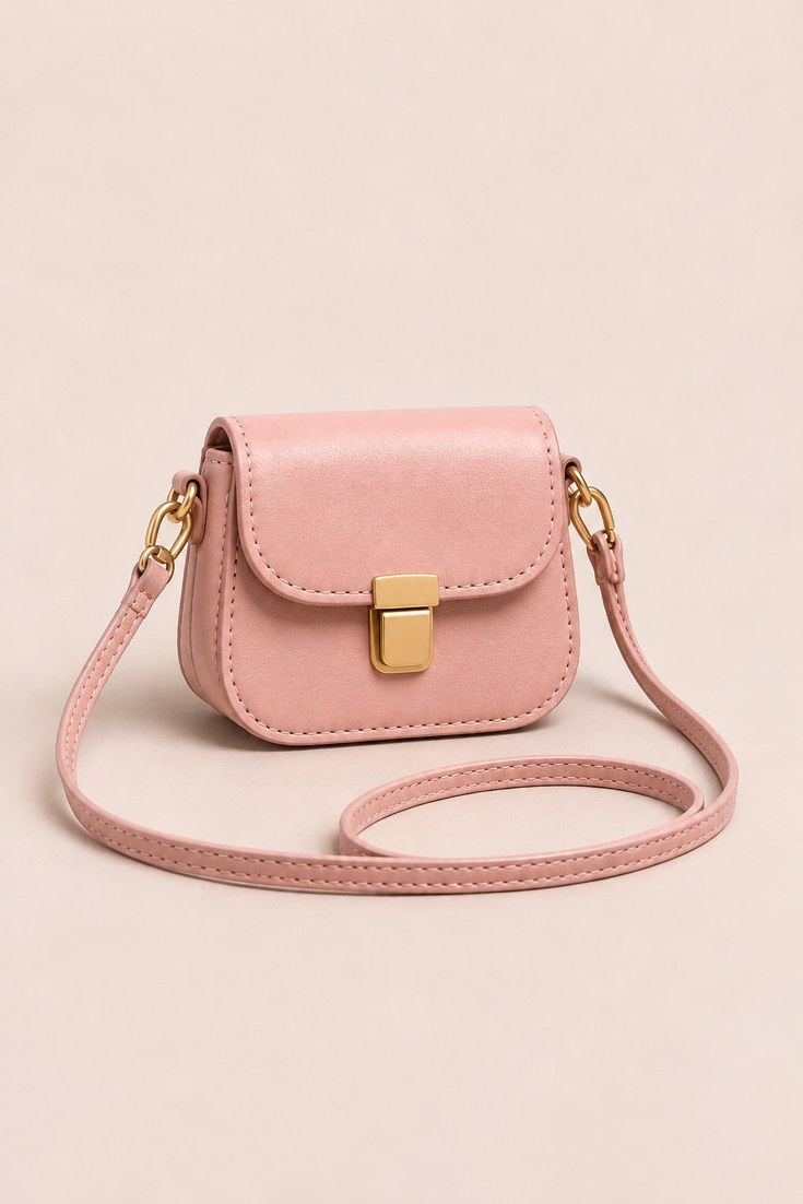 Tiny pale pink leather mini crossbody bag with thin flat strap on a soft ivory backdrop