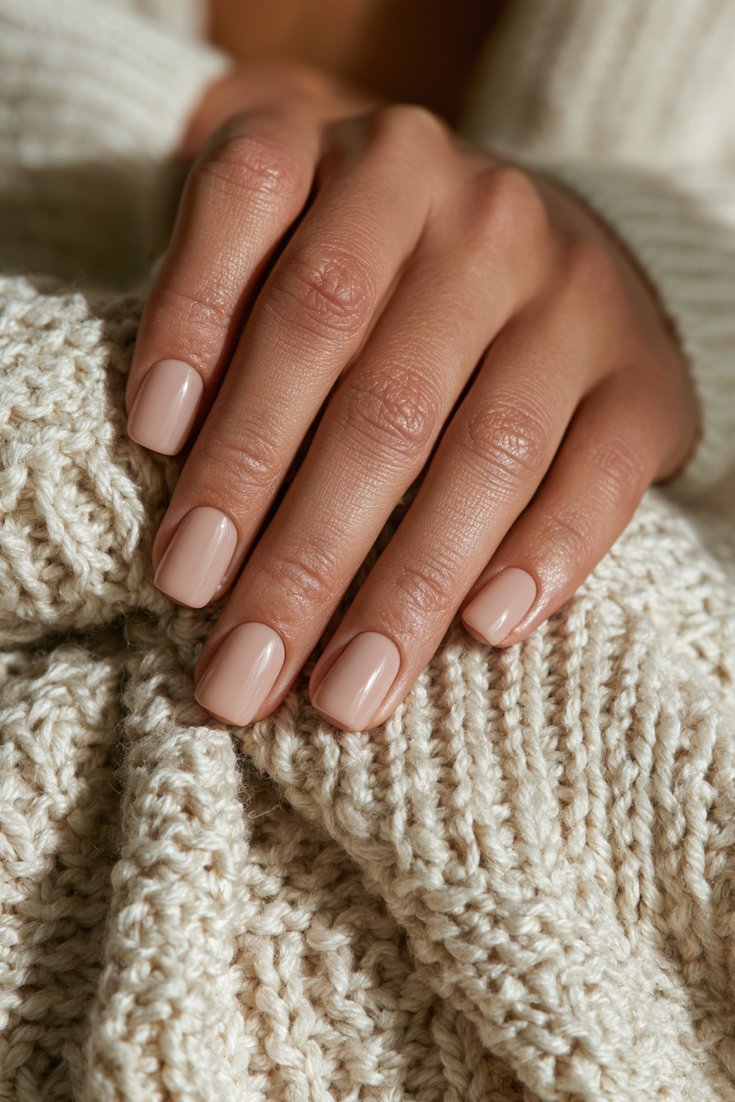 Left hand with short natural length builder gel nails in a sheer beige finish resting on an oatmeal blanket